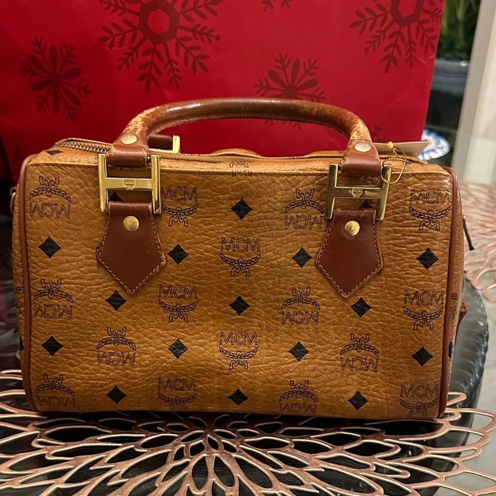 MCM Tan Monogram Satchel with Gold Accents - Picture 6 of 14